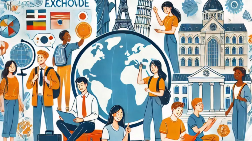 An illustration showcasing the benefits of studying abroad, highlighting diverse international students, cultural exchange, academic opportunities, and personal growth experiences