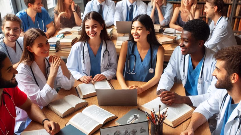 An illustration showcasing the benefits of studying medicine abroad, highlighting diverse international students, modern medical facilities, and hands-on learning experiences in various countries