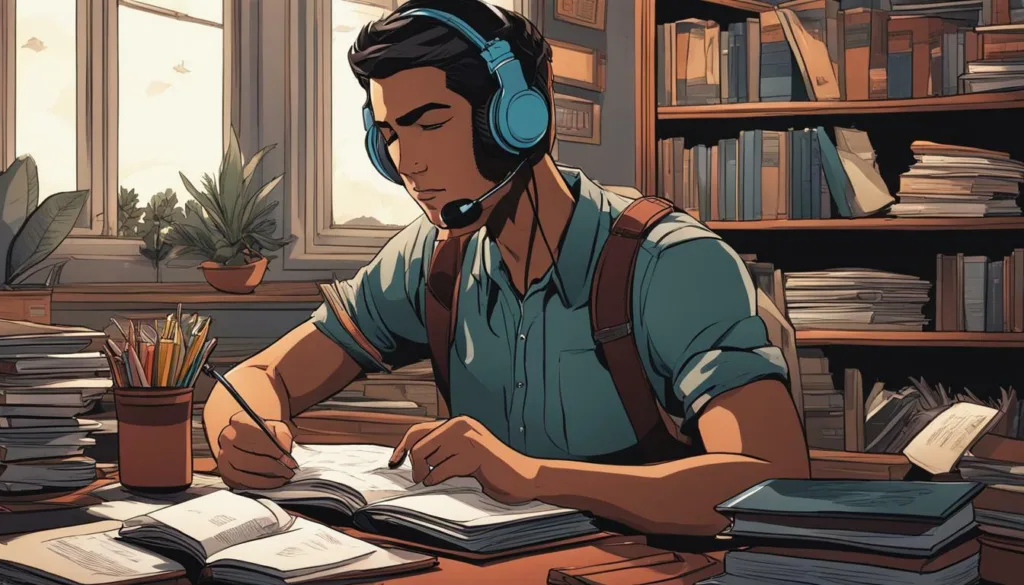 An image depicting a person studying with headphones on