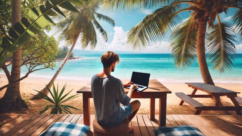 a digital nomad working on a laptop from a tropical beach, seated on a wooden table with palm trees providing shade. The ocean stretches into the horizon