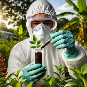 a scientist collecting a soil sample in a vibrant outdoor environment