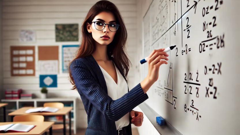 a young, serious female math teacher wearing glasses, standing in front of a whiteboard in a classroom. She is actively writing a mathematical equatio
