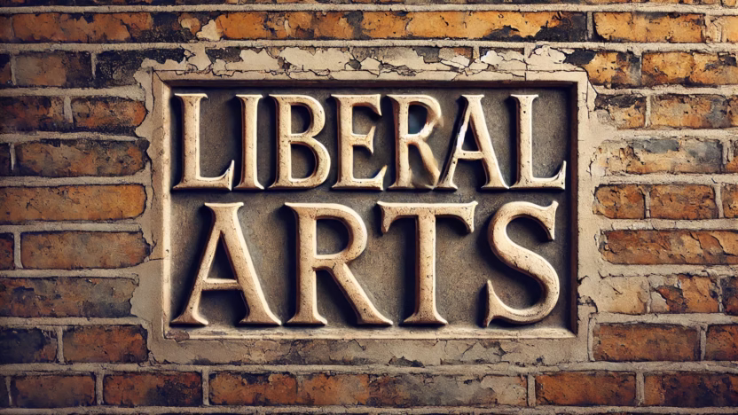 worn and weathered lettering spelling 'Liberal Arts' on an old brick wall. The bricks are aged and slightly chipped, with faded paint and a rustic tex