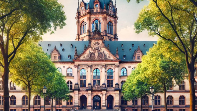A famous German university, showcasing its grand architecture and lush green campus, with students walking around and engaging in various activities.