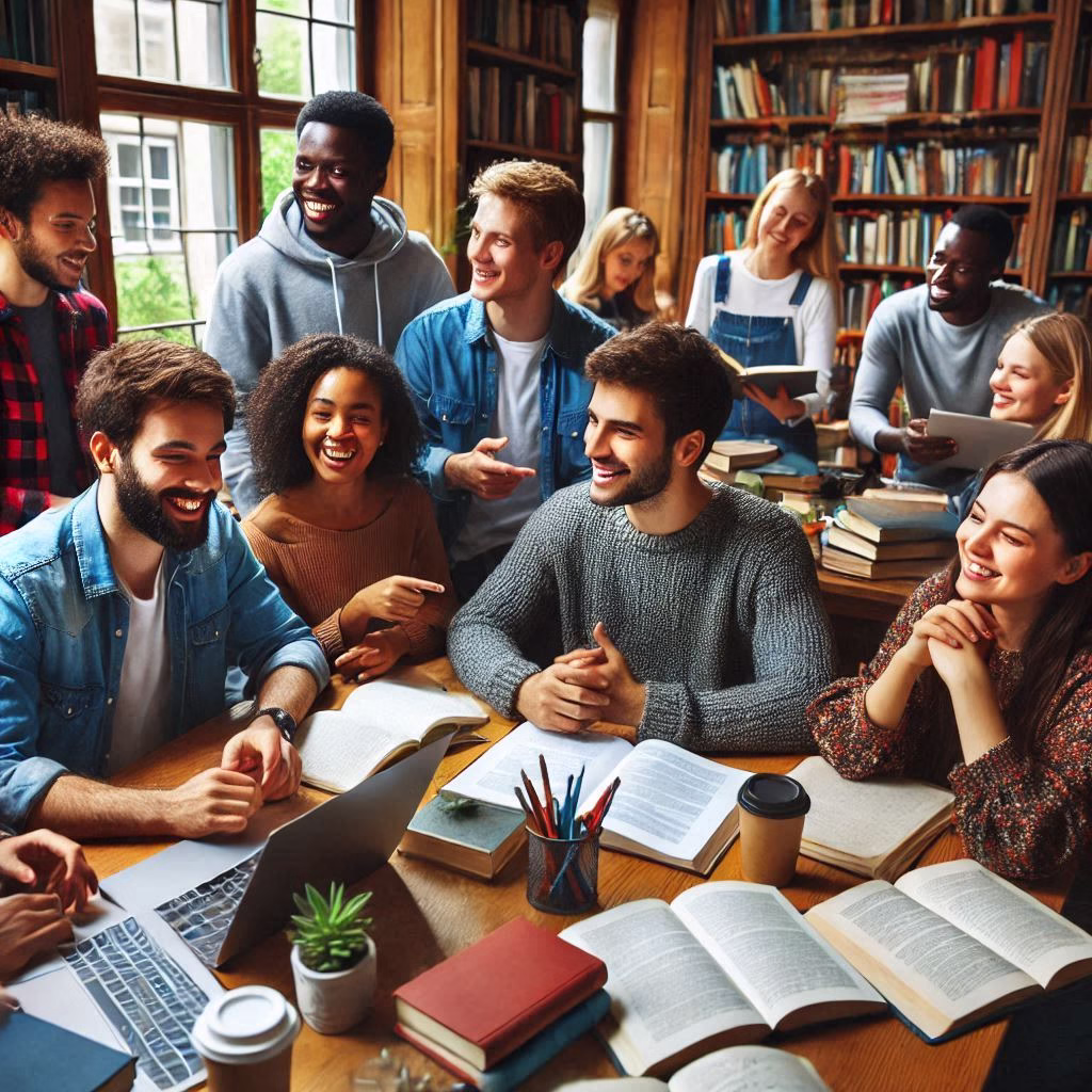 An illustration showcasing the advantages of studying in Germany, highlighting high-quality academic standards, practical learning opportunities, modern research facilities, and diverse international students enjoying their educational journey