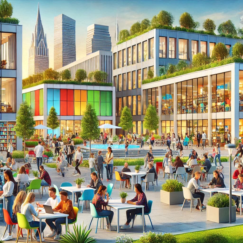 An illustration of modern education facilities in Germany, showcasing state-of-the-art classrooms, advanced research labs, and students engaging with cutting-edge technology and innovative learning environments.