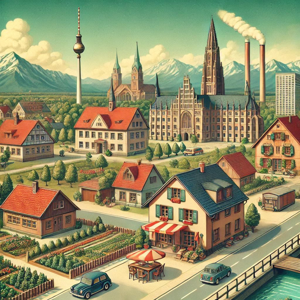 An illustration of German living standards and cultural experience, showcasing vibrant city life, traditional festivals, diverse cuisine, and students enjoying a high quality of life in a culturally rich environment