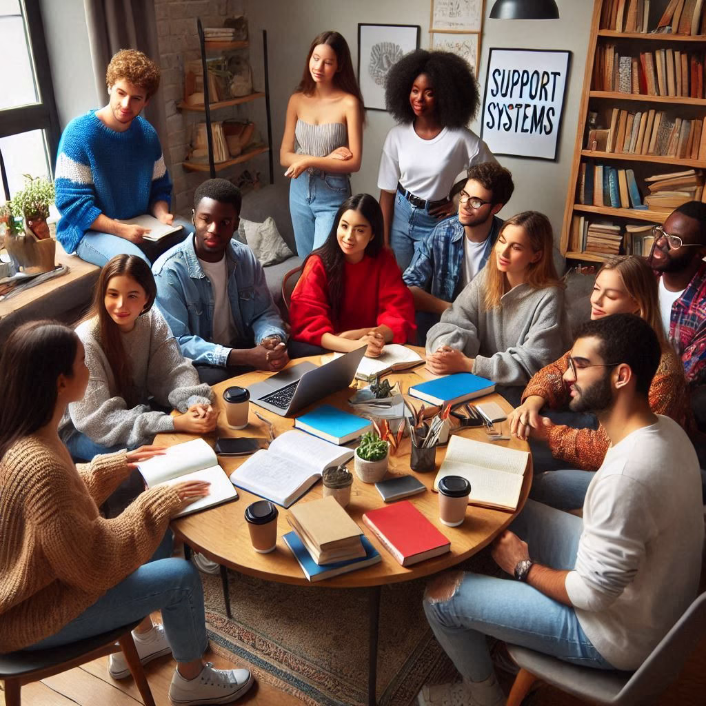 An illustration of international student support systems, showcasing orientation programs, language courses, accommodation assistance, career services, and health services, all designed to help students succeed and thrive in a new country