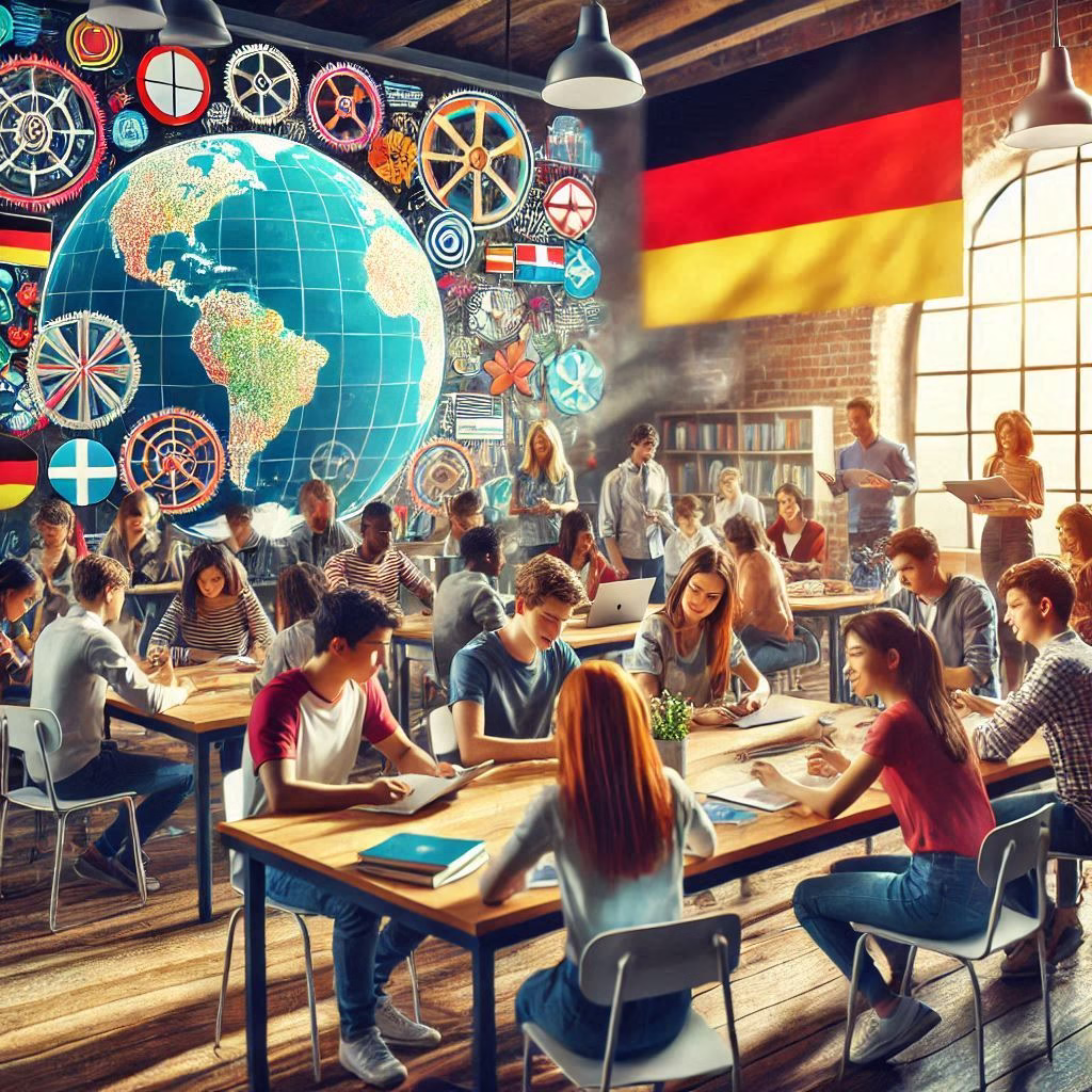 An illustration of Germany's world-class education system, highlighting diverse students engaged in various academic activities, modern research facilities, and iconic German universities known for their excellence in education and innovation