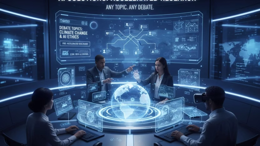 A photo-realistic image showcasing AI tools and solutions designed to speed up research processes for any debate topic, rendered in ultra-high definition with professional cinematic lighting and sharp focus.