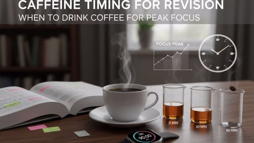 A photo-realistic illustration of optimal caffeine timing strategies for enhancing focus during study or revision sessions, featuring coffee consumption aligned with peak productivity periods.