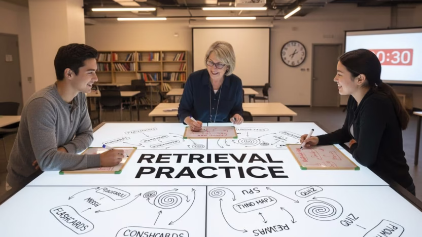 A photo-realistic depiction of fast learning loops using whiteboards to make retrieval practice quick, focused, and memorable.