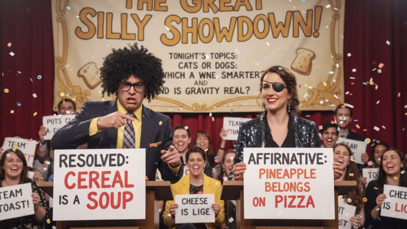 A photo-realistic depiction of humorous debate scenarios, captured in ultra high definition with sharp focus and professional lighting.