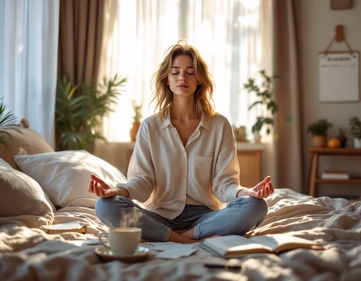 A focused young college student begins her day with memory-sharpening exercises and mindfulness in a sunlit bedroom.