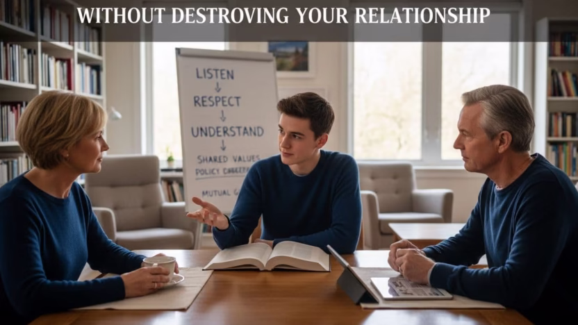 A photo-realistic image depicting a calm and constructive political discussion between a young adult and their parents, emphasizing healthy communication to preserve family bonds.