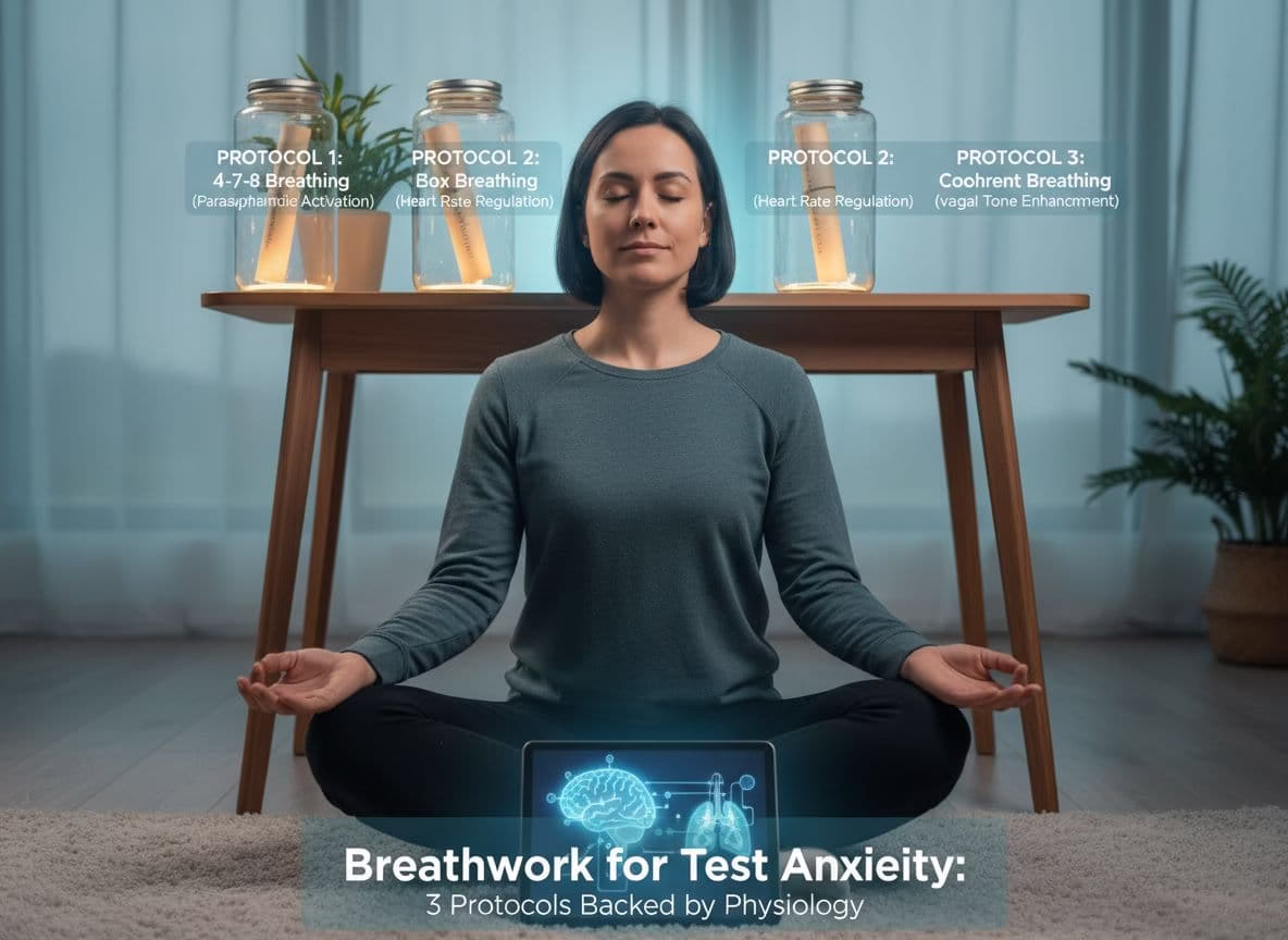 A photo-realistic illustration depicting three breathwork protocols designed to alleviate test anxiety, supported by physiological principles, in ultra high definition with professional photography quality.