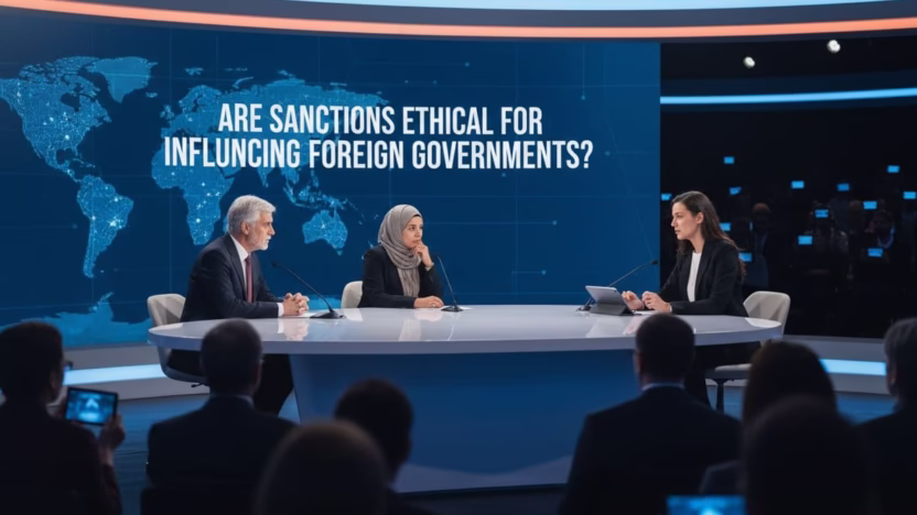 A photo-realistic depiction exploring the ethics of using sanctions to influence foreign governments, featuring highly detailed and professional composition.