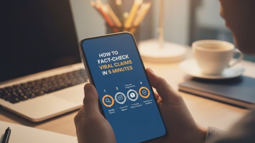 A photo-realistic professional photograph depicting a quick guide to fact-checking viral claims in just 5 minutes, with hyperrealistic details and cinematic lighting.