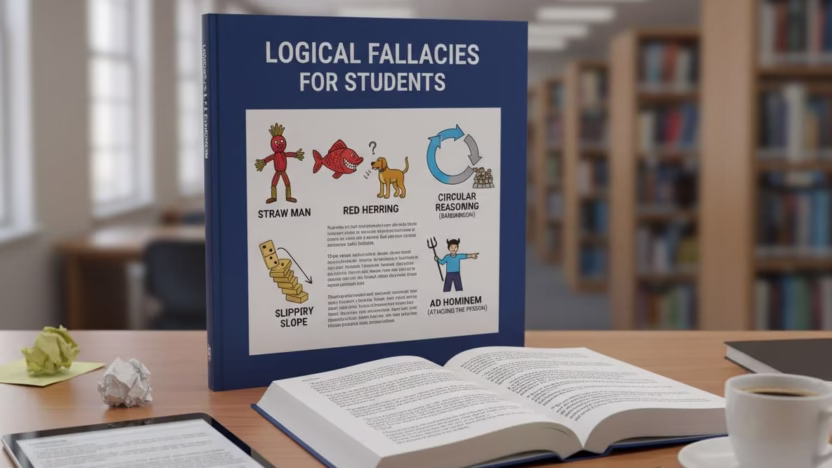 A photo-realistic educational illustration of common logical fallacies designed for students, featuring sharp focus, professional photography, and hyperrealistic details.