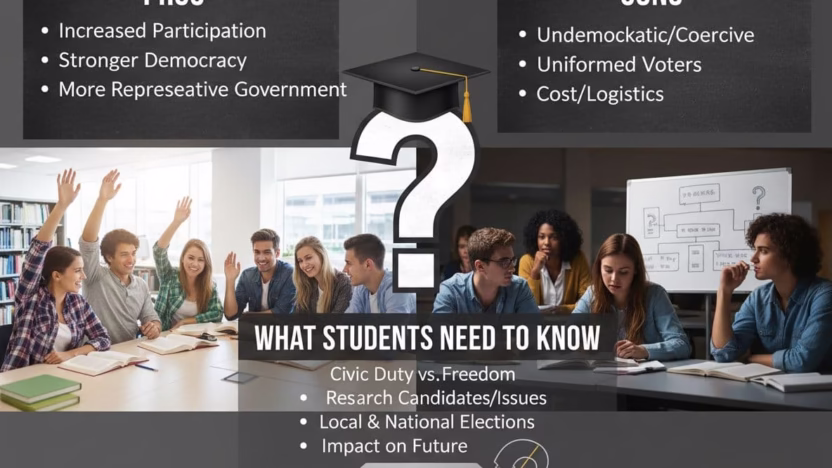 A thought-provoking illustration exploring the debate on mandatory voting, highlighting pros and cons with educational focus for students.