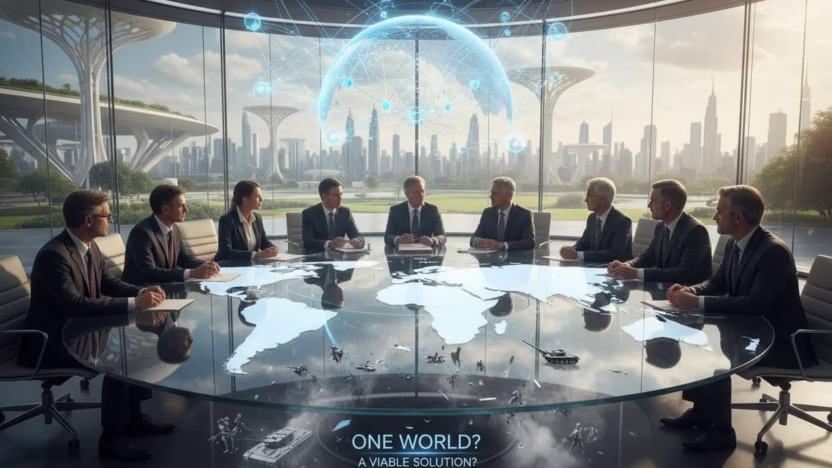 A photo-realistic image exploring whether a unified one-world government could effectively resolve ongoing global conflicts. Rendered in ultra high definition with sharp focus, cinematic lighting, and professional photography quality.