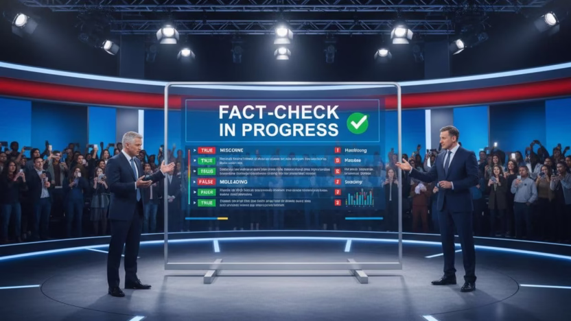 A photo-realistic depiction of politicians undergoing mandatory fact-checking during election campaigns, highlighting the debate on truth in politics.