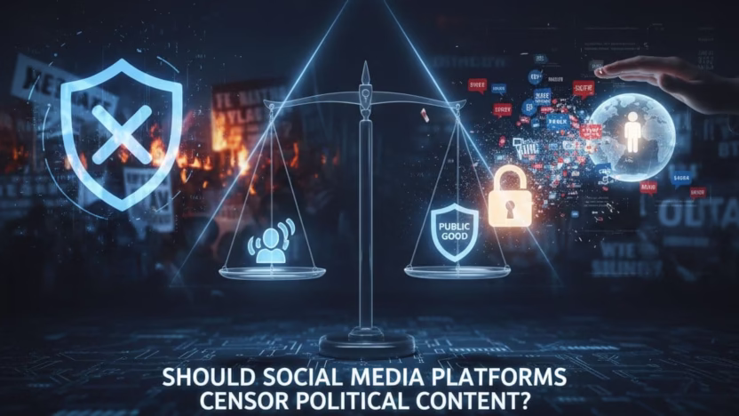 A photo-realistic image questioning whether social media platforms should censor political content, rendered in ultra high definition with sharp focus, cinematic lighting, and professional photography quality.