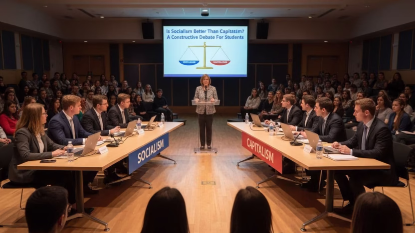 A photo-realistic depiction of a constructive debate between socialism and capitalism, designed for educational purposes among students, featuring professional photography with cinematic lighting and hyperrealistic details.