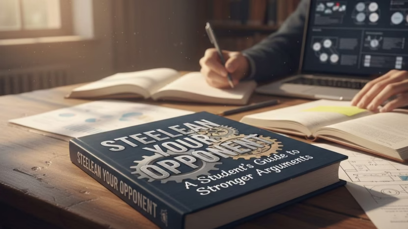 A photo-realistic illustration of a student's guide to steelmanning arguments, featuring ultra high definition details, sharp focus, and professional cinematic lighting.