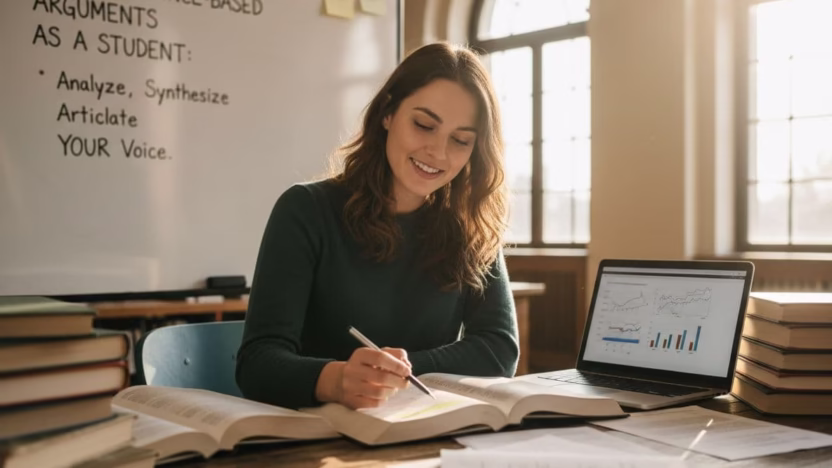 A photo-realistic image of a student crafting evidence-based arguments in a natural, engaging way without sounding robotic. Features ultra high definition, sharp focus, professional cinematic lighting and masterful composition.