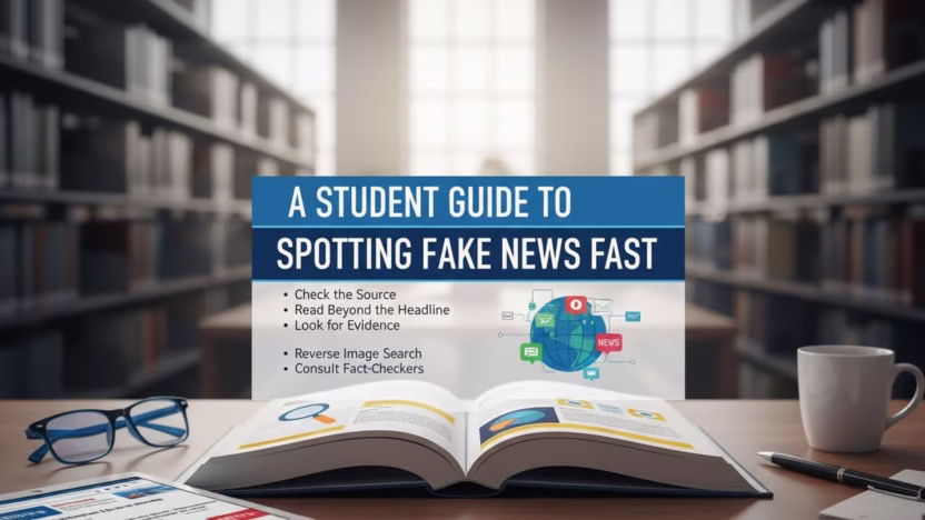 A photo-realistic, ultra high-definition image serving as a student guide to quickly spotting fake news, featuring sharp focus, professional photography, and cinematic lighting.