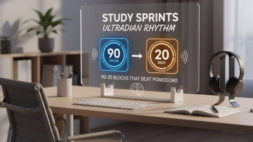 A photo-realistic image showcasing an effective study technique based on ultradian rhythms, featuring 90-minute focused sprints followed by 20-minute breaks that outperform the traditional Pomodoro method.