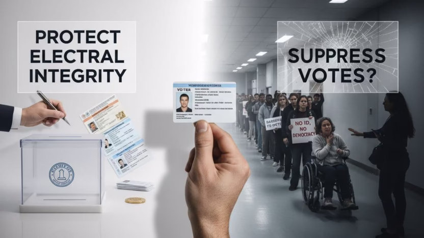 A photo-realistic depiction exploring the debate on voter ID laws, questioning whether they safeguard elections or hinder participation, captured in ultra high definition with professional photography techniques.