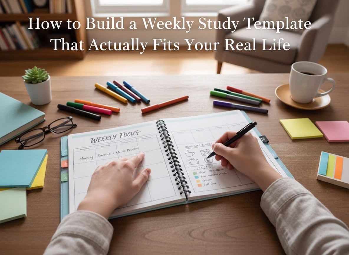 A photo-realistic depiction of a customizable weekly study template integrated seamlessly into everyday life, captured in ultra-high definition with professional photography techniques.