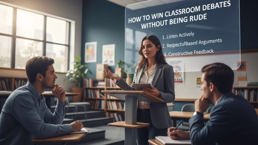 Photo-realistic depiction of effective strategies for winning classroom debates while remaining polite and respectful, captured in ultra high definition with professional photography.