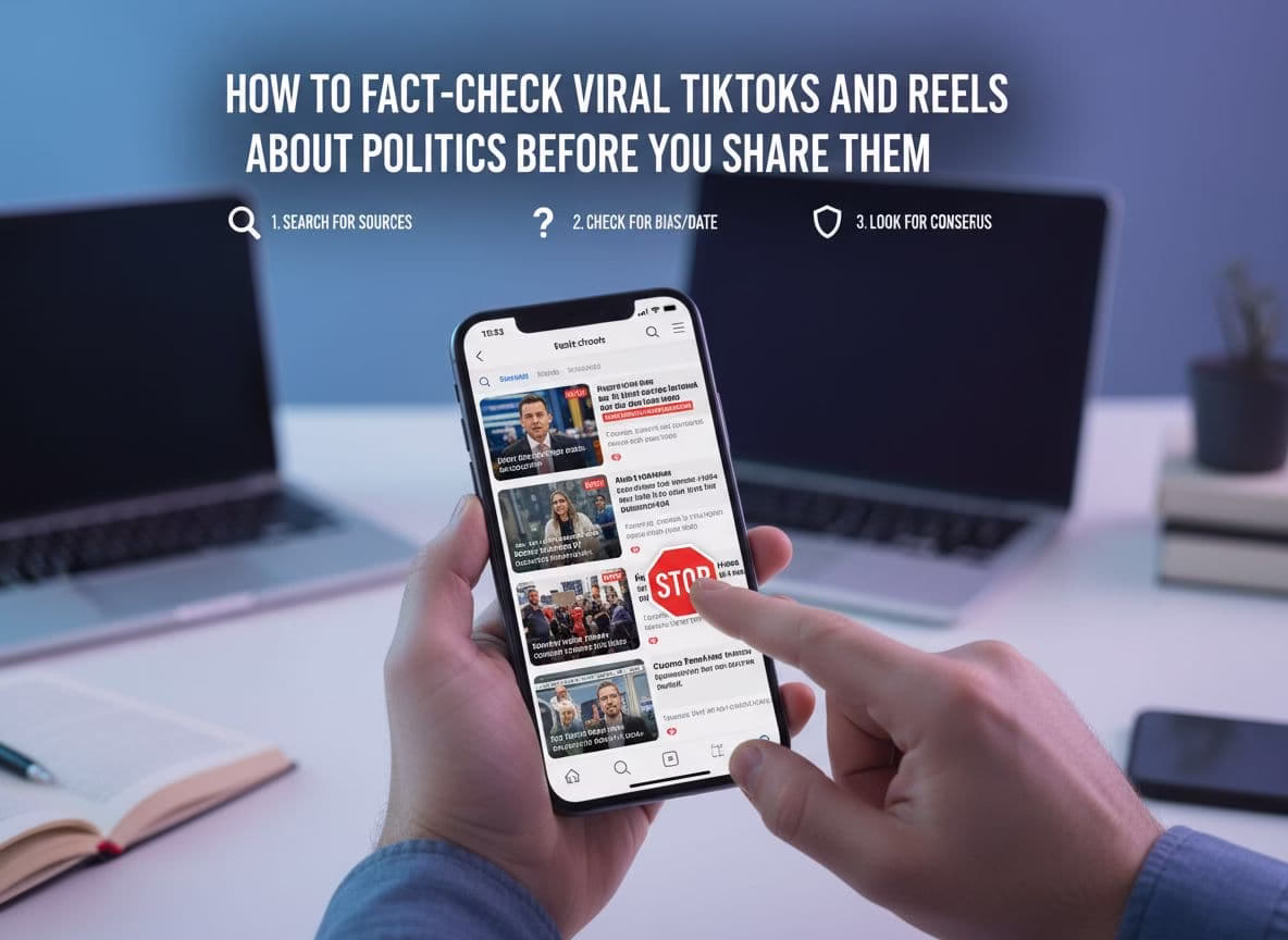Photo-realistic image depicting the process of fact-checking viral TikToks and Instagram Reels on political topics before sharing, in ultra high definition with professional photography and cinematic lighting.