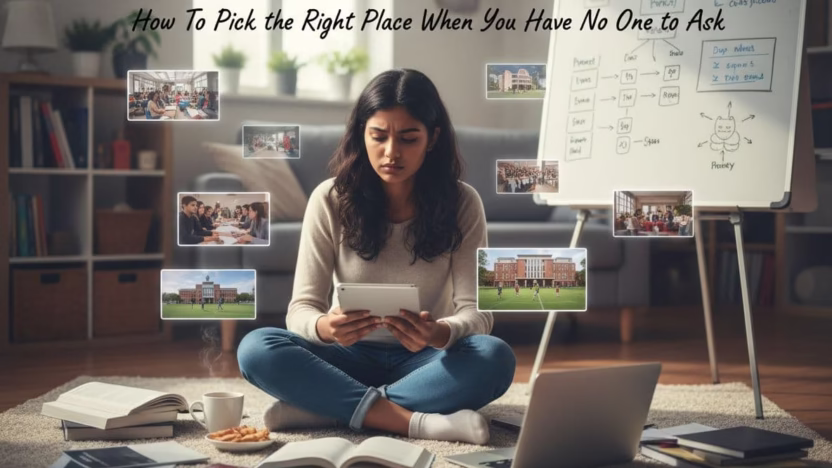 A photo-realistic portrait of a determined young student, the first in their family to attend university, contemplating how to choose the right institution without guidance. Captured in ultra high definition with professional cinematic lighting and sharp focus.