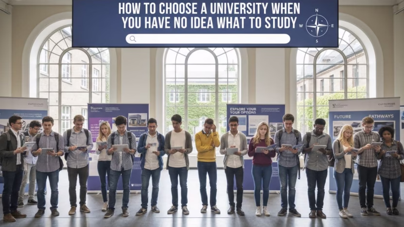 A photo-realistic image providing guidance on selecting a university without knowing what to study, captured in ultra high definition with professional photography and cinematic lighting.