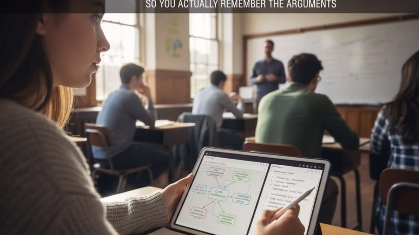 A photo-realistic illustration of effective note-taking techniques during intense class debates, helping students remember key arguments with sharp focus and professional composition.