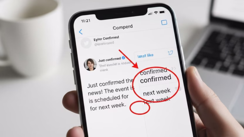 Photo-realistic illustration demonstrating the process to verify the authenticity of a screenshot from a tweet or social media post. Ultra high definition with professional photography and hyperrealistic details.