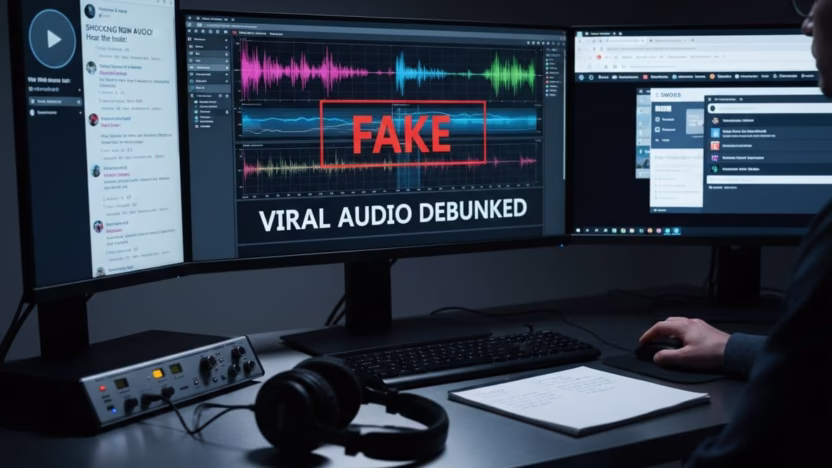 A photo-realistic image depicting the process of verifying a viral audio clip, captured in ultra high definition with sharp focus, professional photography, and cinematic lighting.