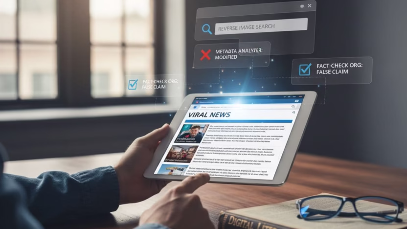 A photo-realistic image demonstrating the process of verifying a viral screenshot, captured in ultra high definition with sharp focus, professional photography, and cinematic lighting.