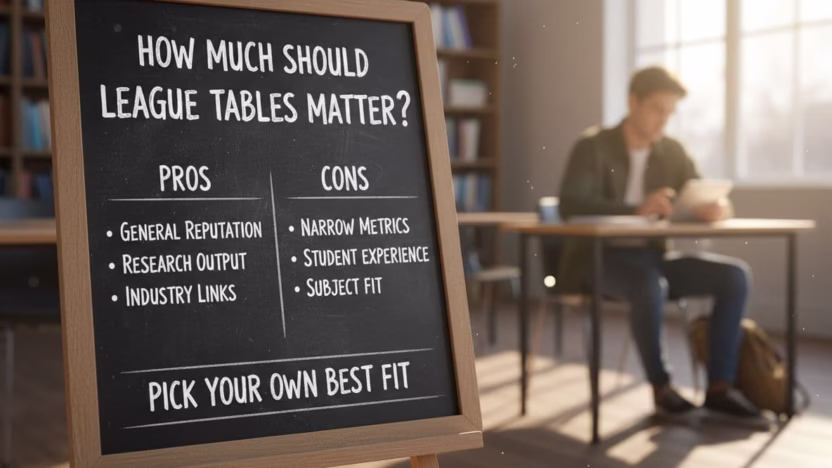 Photo-realistic depiction of the importance of university league tables in choosing a university, featuring ultra high definition, sharp focus, and professional cinematic lighting.