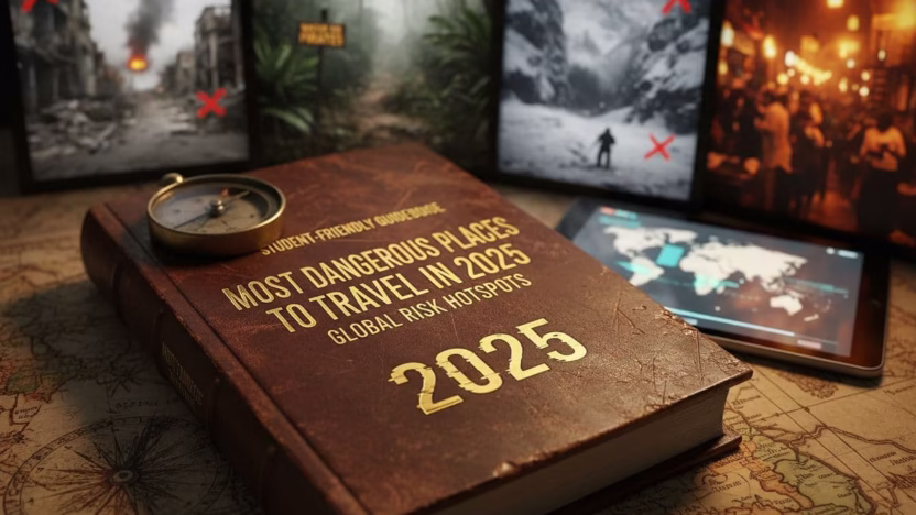 Photo-realistic depiction of the world's most dangerous travel destinations in 2025, presented as a student-friendly guide to global risk hotspots with high detail and professional quality.
