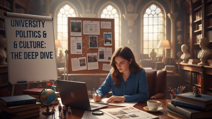 A photo-realistic illustration of the process for researching a university's politics and culture prior to applying, captured in ultra high definition with professional photography techniques.