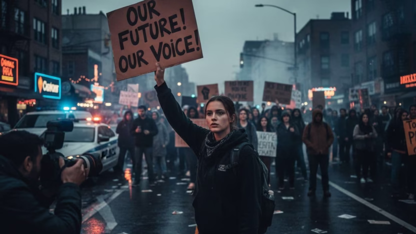 A photo-realistic tutorial image demonstrating the reverse image search process on a viral protest photo, captured in ultra high definition with professional photography techniques.