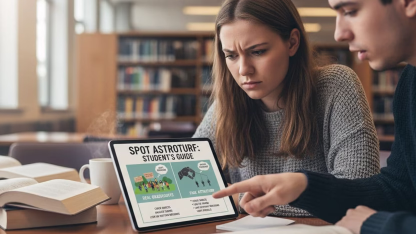 A highly detailed, photo-realistic illustration guiding students on identifying astroturfing and fake grassroots campaigns to avoid deception.