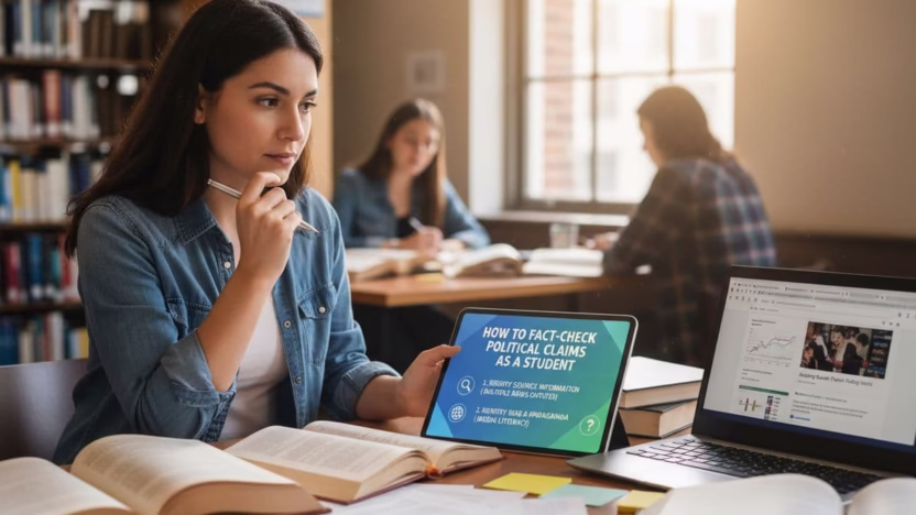 A photo-realistic depiction of a student engaged in fact-checking political claims, featuring ultra high definition, sharp focus, and professional cinematic lighting.