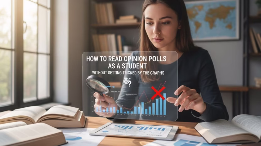 Photo-realistic educational image illustrating techniques for students to accurately interpret opinion poll graphs and avoid common visual deceptions.