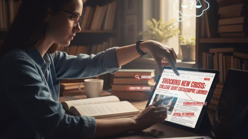 A photo-realistic image guiding students on identifying emotional manipulation tactics in news headlines, rendered in ultra high definition with professional photography quality.